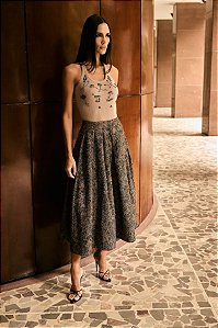 Saia Lady Like Jacquard Grafite com Pregas