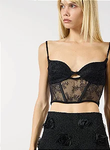 Top Corselet Renda Preto Skazi Elegante