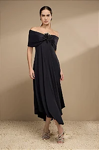 Vestido Midi Malha com Broche Flor Thamara Capelão