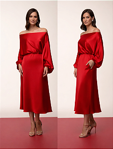 Vestido Midi Cetim Vermelho Maracujá Oficial