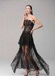 Saia Midi Renda Jabot Caos Moda