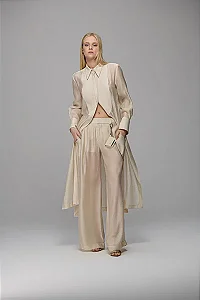 Maxi Camisa Organza Manga Longa Fendas Caos Moda