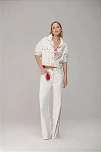 Calça Reta Sarja Pespontada Zigzag Caos Moda