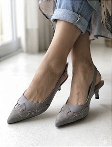 Scarpin Slingback Couro e Camurça Cinza Luiza Barcelos