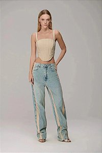 Calça Jeans Reta com Recorte Estilo Sport com Lista Nylon Caos Moda