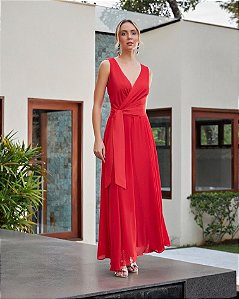 Vestido Maxi Midi com Pregas na Frente e Faixa Padronagem