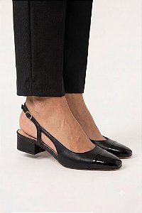 Sapatilha Slingback Salto Baixo em Couro e Verniz Luiza Barcelos