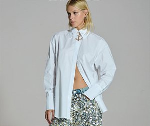 Camisa Tricoline Detalhes Jeans Gola Dupla Caos Moda