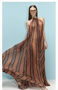 Vestido Longo Godê em Tecido Fluido Estampa Étnica Thamara Capelão