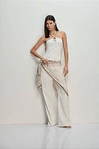 Calça Wide Leg Sarja com Lenço Caos Moda
