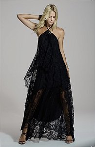 Vestido Longo De Renda Sobreposição Caos Moda