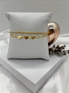 Pulseira Dupla Strass e Coração Liso - Banhado a Ouro Flash