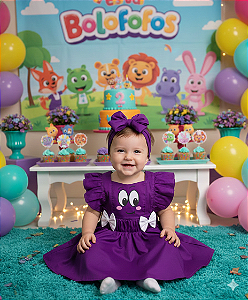 Jardineira Bolofofos Roxo Olhinho+Laço