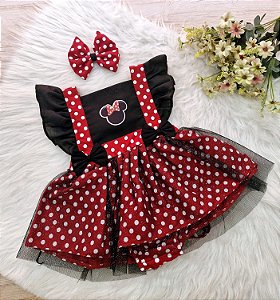 Jardineira Minie Vermelha tule preto
