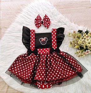 Jardineira Minie Vermelha tule preto