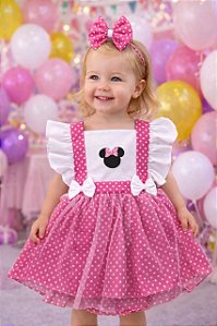 Jardineira Minie Rosa Chiclete tule Rosa+laço