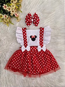 - Jardineira Minie Vermelha Tule Vermelho Busto Branco  +Laço