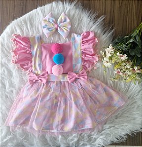 Jardineira Circus Rosa com Tule +Laço