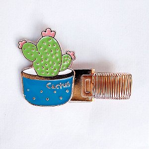 Clipe Porta Caneta de Metal com Mola Cactus Azul