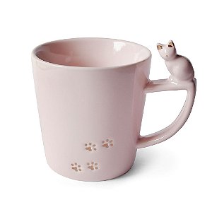 Caneca de Cerâmica Gato Na Alça Patinhas em Dourado - Rosa