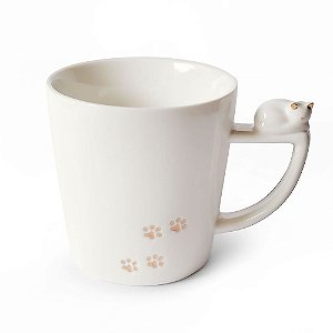 Caneca de Cerâmica Gato Na Alça Patinhas em Dourado - Branco