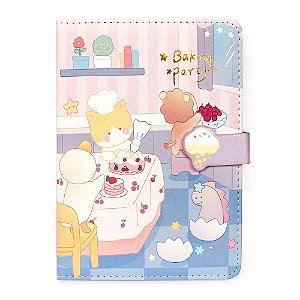 Caderno Brochura Com Folhas Ilustradas e Fecho Magnético Soft Touch Baking Party Animais Roxo