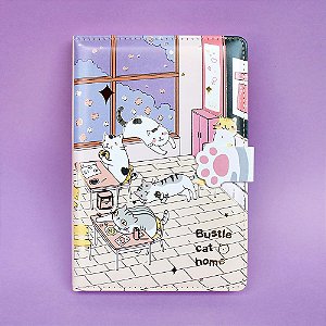 Caderno Brochura Com Folhas Ilustradas e Fecho Magnético Soft Touch Gato Escola Rosa