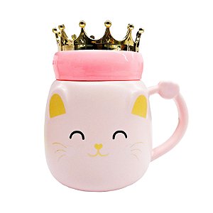 Caneca de Cerâmica Gato Com Tampa de Coroa Dourada - Rosa