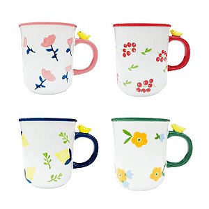 Caneca de Cerâmica Floral Com Passarinho na Alça