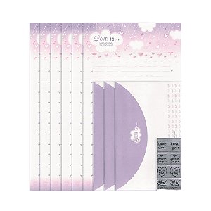 Kit Com 6 Papéis de Carta + 3 Envelopes + Adesivos Lilás