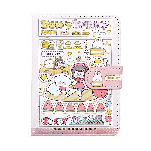 Caderno Brochura Com Folhas Ilustradas e Fecho Magnético Soft Touch Berry Bunny Amarelo Pequeno