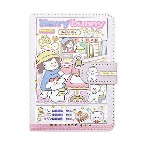 Caderno Brochura Com Folhas Ilustradas e Fecho Magnético Soft Touch Berry Bunny Rosa Pequeno