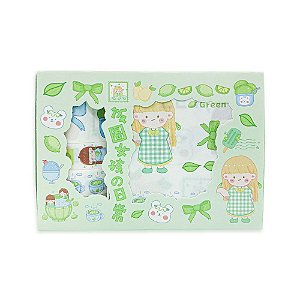 Kit de 4 Cartelas de Adesivos + 4 Washi Tapes Meninas Verde