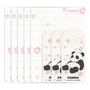 Kit Com 5 Papéis de Carta + 3 Envelopes Panda Rosa