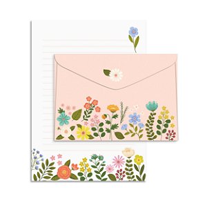 Kit Com 4 Papéis de Carta + 4 Envelopes Flores - Cartões Gigantes