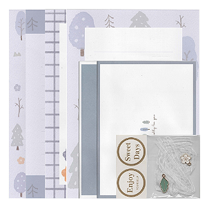 Kit Com 4 Papéis de Carta + 2 Envelopes + Acessórios Azul Árvores