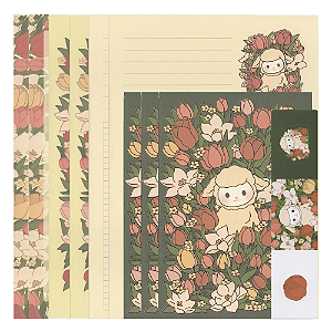 Kit Com 6 Papéis de Carta + 3 Envelopes + 3 adesivos Ovelhinha no Jardim