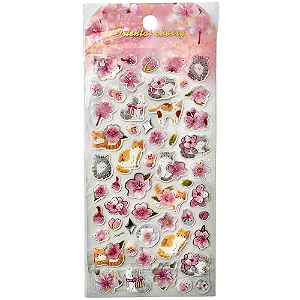 Adesivo Decorativo Alto-relevo Epoxy Gatos e Cerejeira Oriental Cherry