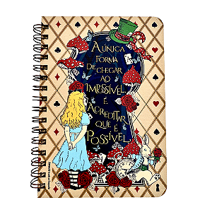 Caderno Espiral Pautado com Capa de Madeira Alice no País das Maravilhas Baralho