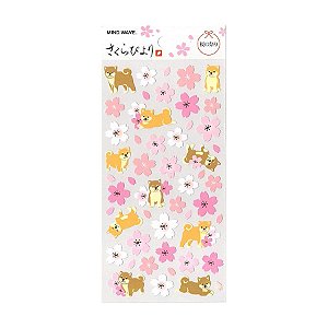 Adesivo Divertido Papel - Sakura Biyori Flores de Sakura Shiba Inu Rosa