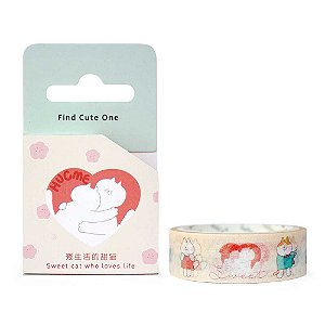 Fita Decorativa Washi Tape - Gatos Hug Me Coração Creme