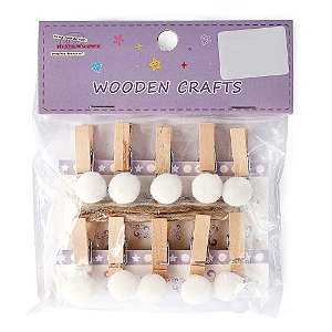 Prendedor de Madeira com Pompom Com Cordão Wooden Crafts Branco