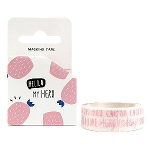 Fita Decorativa Washi Tape - Hello My Hero Cactos Escritos Branco e Rosa