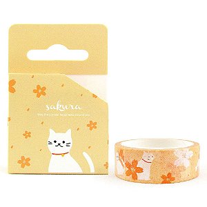 Fita Decorativa Washi Tape - Gatos e Sakura Amarelo