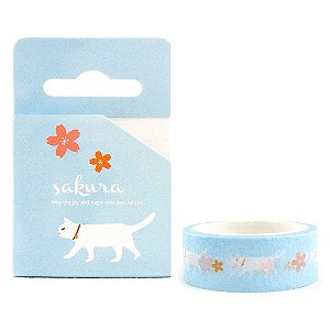 Fita Decorativa Washi Tape - Gatos e Sakura Azul