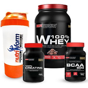 CREA. 100% (100 Gramas) + BCAA 800 (120 Tablets) + 100% WHEY (900 Gramas) + Coqueteleira