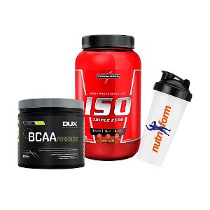 WHEY ISO TRIPLE ZERO 907G - INTEGRALMÉDICA + BCAA POWDER 200G - DUX + (COQUETELEIRA DE BRINDE)