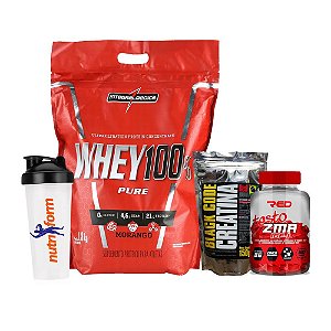 WHEY 100% PURE 907g + BLACK CODE CREATINA 150g + TESTO ZMA RED 60CAPS + COQUETELEIRA