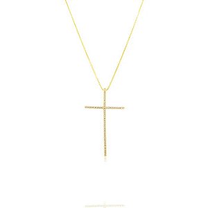 Colar Cruz Palito com Micro Zircônia Semijoia Ouro 18K UN CRISTAL