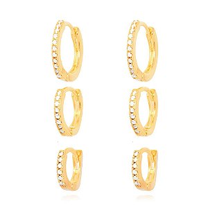 Brinco Argola Trio com Micro Zircônia Cristal Semijoia Ouro 18K